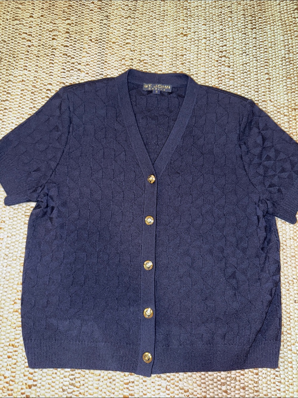 ST. JOHN BASICS Navy Diamond Knit Cardigan Jacket Top Short Sleeve Luxury VTG